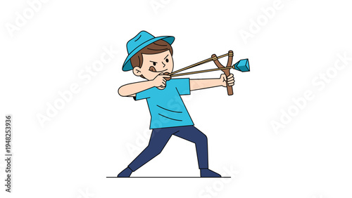 Determined young boy wearing a blue hat aiming a slingshot carefully during a fun outdoor recreational activity.