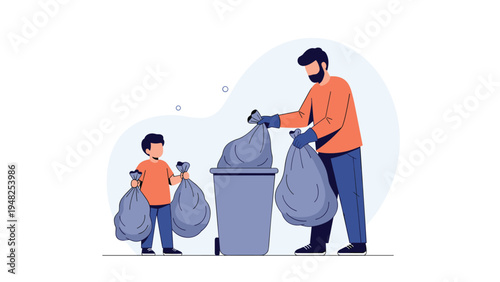 Father and son working together to place heavy trash bags into a large garbage bin to keep their environment clean.