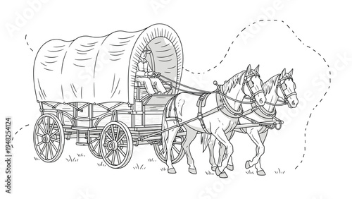 Classic line drawing of a historical covered wagon being pulled by a team of two horses across an open landscape.