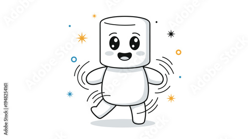 Adorable cartoon marshmallow character with a happy face dancing joyfully surrounded by colorful star shapes.