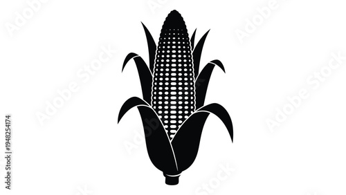 A black silhouette of an ear of corn with leaves, a symbol of agriculture and harvest, representing food, farming, and nutrition.