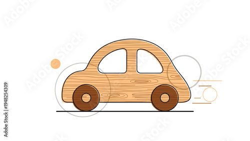 Simple wooden toy car with a natural grain texture moving forward as a classic plaything for young children.
