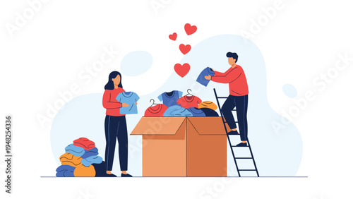 Volunteers sorting through piles of colorful clothing and packing them into a donation box to help those in need.