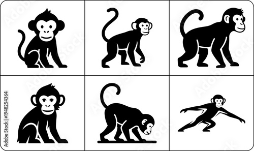 A collection of monkey silhouettes showcasing different poses and expressions, set against a clean white background, highlighting their playful and energetic nature in silhouette mode.