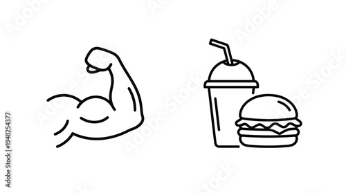 A drawing of a flexed arm and a burger with a drink Vector
