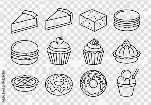 Hand-drawn Outline Collection of Delicious Desserts Including Slices of Cake, Brownies, Macarons, Cupcakes, Pies, Donuts, and Ice Cream Sundae