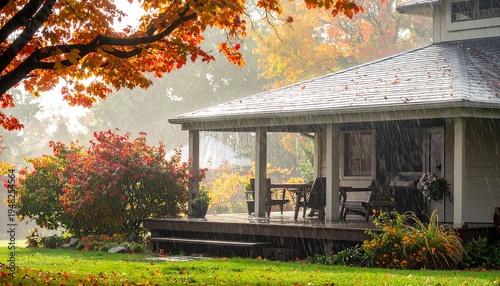 Autumn rain on a porch