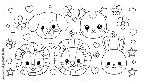 Cute animal faces for coloring featuring a dog cat lion tiger and bunny
