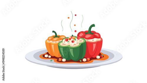 Plate featuring three stuffed bell peppers in yellow green and red colors served with a savory tomato based sauce.