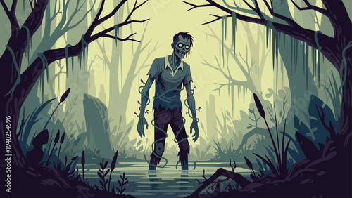 Menacing zombie figure wading through a murky swamp in a dark forest depicted in a retro pixel art style.