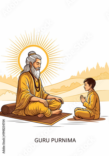 Guru Purnima celebration ancient Indian guru teaching a young boy in a tranquil landscape with sun rays