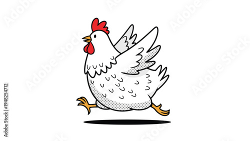 Cute white hen in a cartoon style running actively across the frame with its wings flapping for movement.