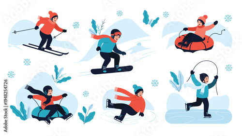 Diverse group of children enjoying various winter activities including skiing snowboarding sledding and skating.