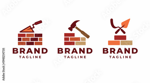 This logo suite features construction tools combined with a brick motif, representing the building industry and ideal for branding firms in construction and renovation.