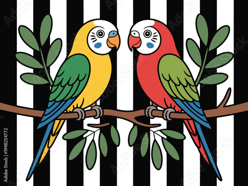 Two colorful parakeets perch closely upon a thin brown branch against vertical stripes.