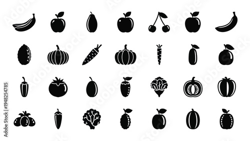 A comprehensive collection of black and white pixel art fruits and vegetables icons