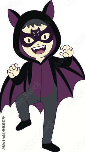 A playful child in a bat costume showcases joy and silliness while pretending to be a bat, embodying the spirit of Halloween fun and youthful imagination in a costume.