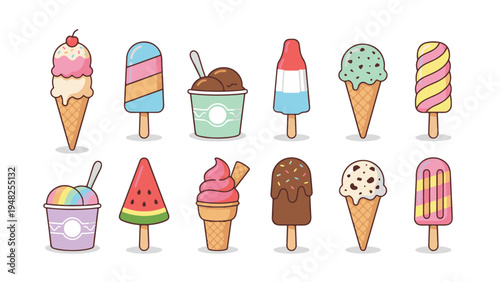 Variety of frozen treats and ice cream illustrations with popsicles sundae cups and decorated pastry cones