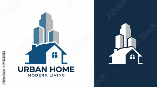 A modern logo design for an urban living brand, featuring stylized cityscape elements integrated within a house outline, representing contemporary living spaces.