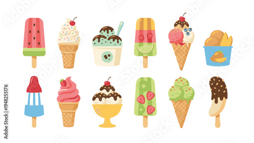 Set of fruit ice cream and popsicle desserts collection, cute summer snacks with various flavors and toppings