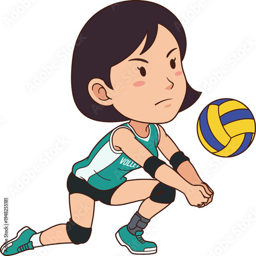 This vibrant illustration features a determined female volleyball player in action, preparing to receive a ball, showcasing athleticism and concentration in the sport.