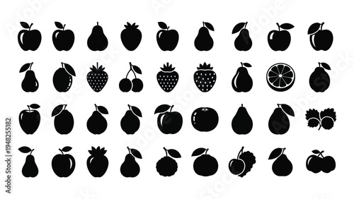 A comprehensive analysis of various fruit icons arranged in rows and columns on a white background with detailed description
