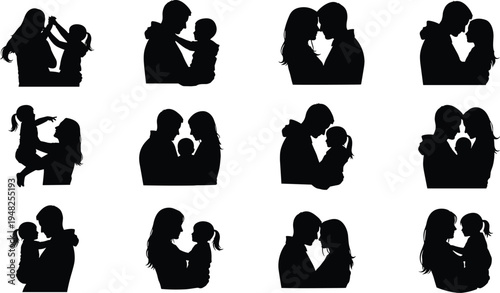 Black silhouettes of people in various family and couple poses couples children