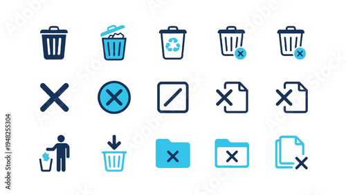 Set of trash bin and delete icons collection, garbage and remove signs in blue and black colors