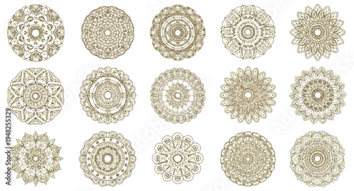 Abstract geometric ornate floral pattern design elements on black background