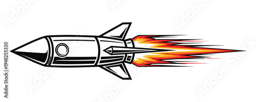 Rocket launch vector illustration with flame trail on transparent background art