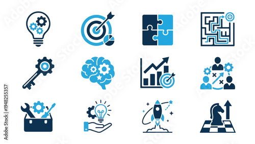 Set of business and strategy icons collection, innovation and solution signs in blue and black colors