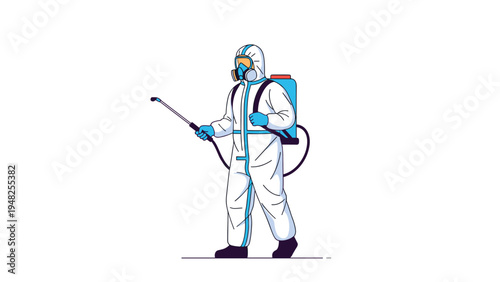 Person wearing a full protective hazmat suit and mask while using a backpack sprayer for professional disinfection.