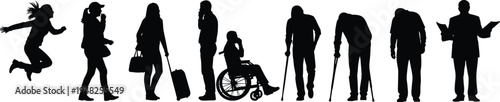 Black silhouettes of people with various physical abilities and actions white background
