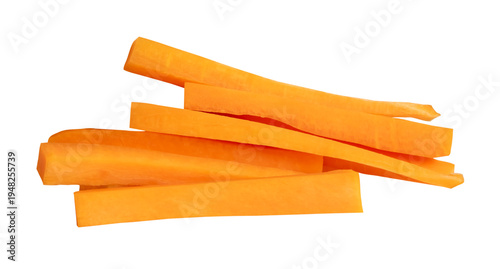Side view of orange carrot stick slices in pile isolated with clipping path in png file format