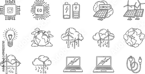 Collection of hand-drawn icons representing renewable energy, technology, and global concepts