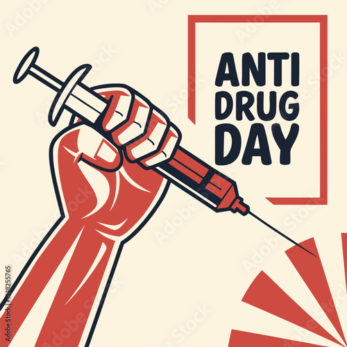 A clenched fist holding a syringe with anti drug messaging in red and white