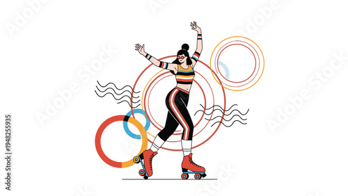 Trendy woman roller skating gracefully with her arms up surrounded by abstract colorful circles and wavy lines.