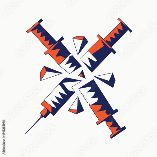 Shattered syringes arranged in a cross shape symbolizing medical fragility