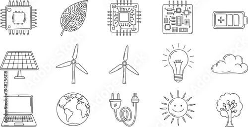 Set of icons representing renewable energy, technology, and nature in a clean, modern style