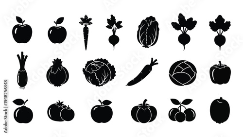 A comprehensive analysis of various fruits and vegetables in black silhouette