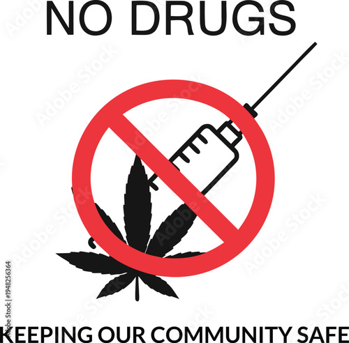 No drugs symbol featuring a syringe cannabis leaf and red prohibition circle