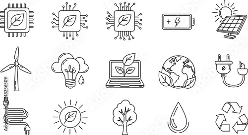 Set of eco-friendly technology and nature icons for sustainable energy and environmental protection