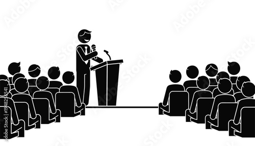 A speaker addressing an audience from a podium with microphones in a conference setting