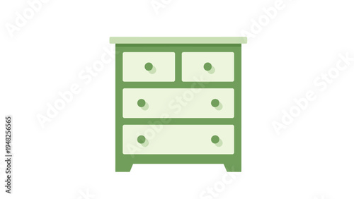 Simple green wooden dresser with four drawers and small knobs standing on a white background for interior furniture design.