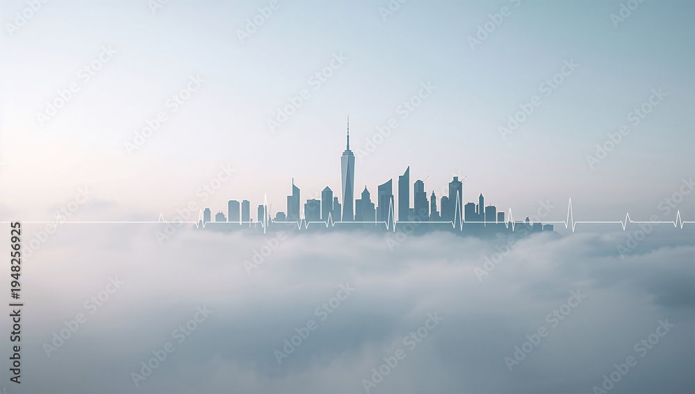 Fototapeta premium 都市の心拍を表す心電図スカイラインが生命を象徴するミニマル風景