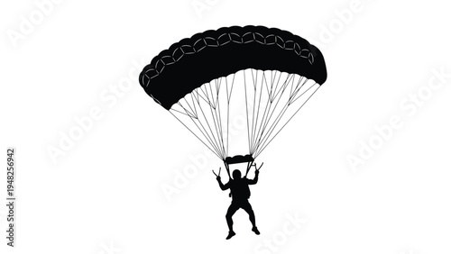 High contrast silhouette of a person descending with an open parachute against a solid white background representing skydiving.