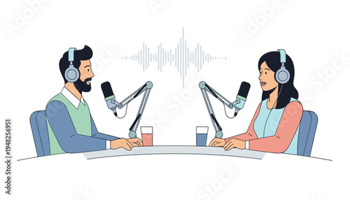 Two people sitting at a table with microphones and headphones on engaged in a conversation