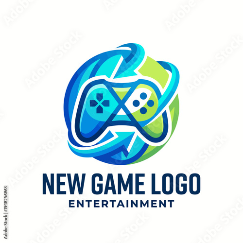 This dynamic logo design features a gaming controller intertwined with a swirling globe, indicating the global appeal of gaming and entertainment in the digital world.