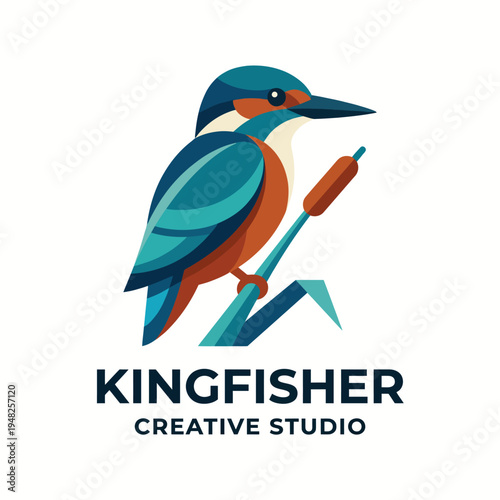 A beautiful, stylized representation of a kingfisher bird, ideal for a creative studio, symbolizing creativity, nature, and precision in a vibrant artistic style.