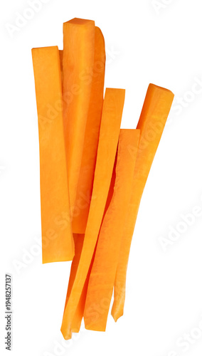 Side view of orange carrot stick slices in pile isolated with clipping path in png file format